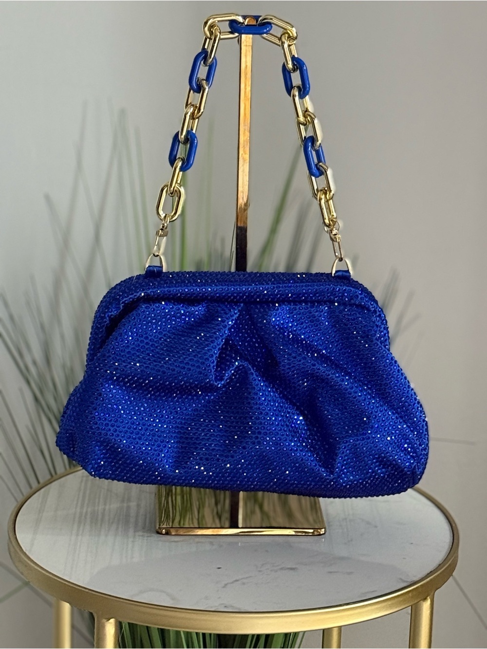 Elegant Blue Rhinestone Evening Bag with Gold Chain